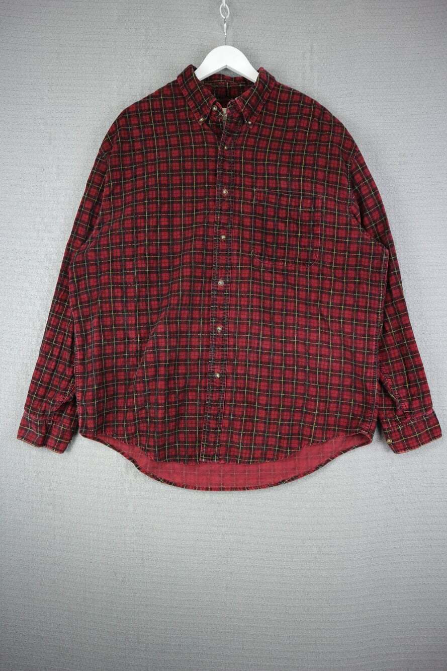 Eddie Bauer Vintage Corduroy Button Down Shirt Red Black Plaid Size L Long Sleev